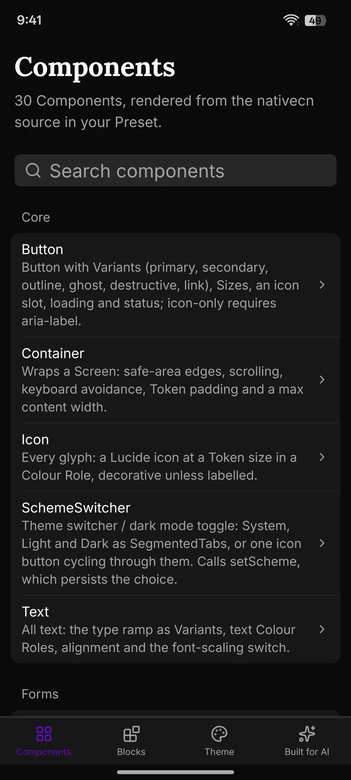 The Components tab: a search field above the Core group, listing Button, Container, Icon, SchemeSwitcher and Text with a short description each.