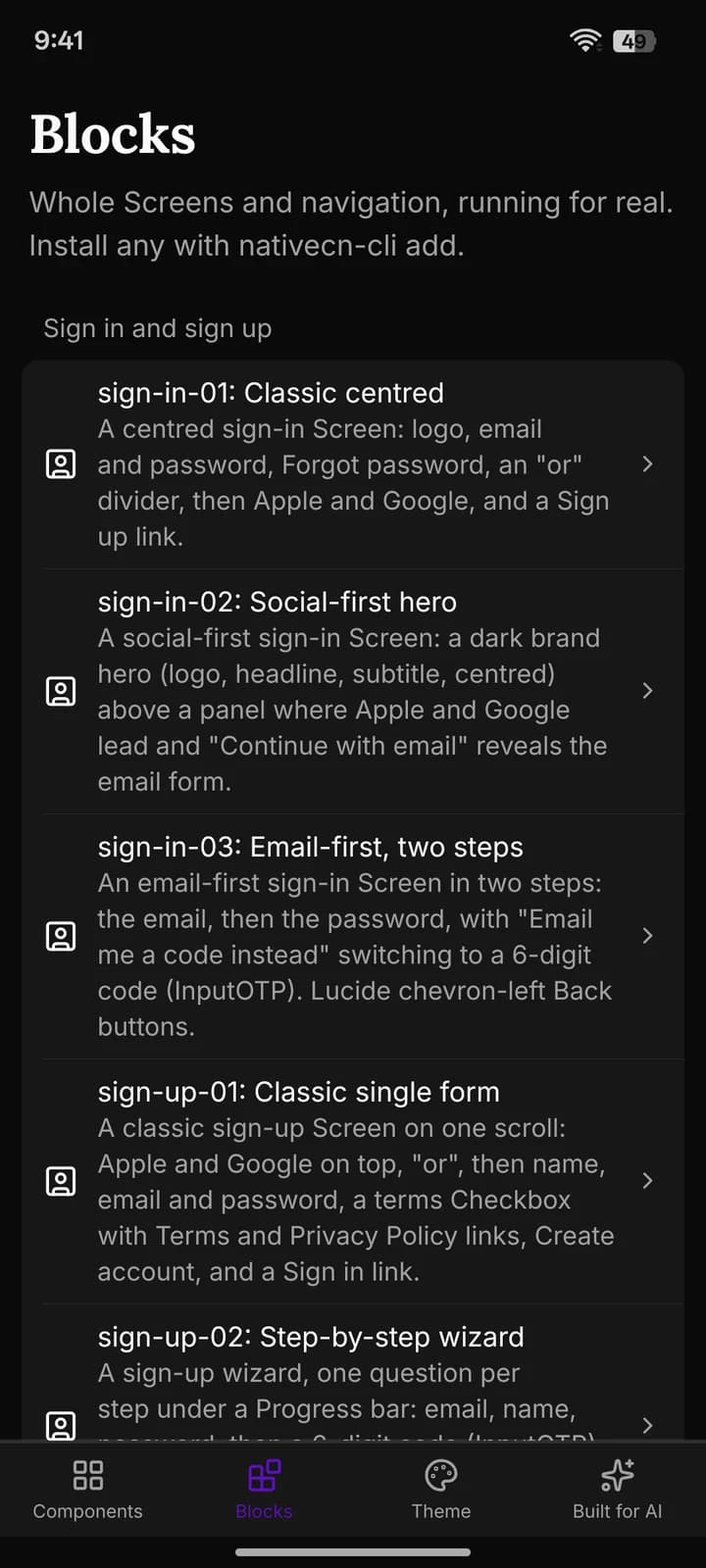 The Blocks tab: the sign-in and sign-up Blocks, from sign-in-01 Classic centred to sign-up-02 Step-by-step wizard, each with a description.