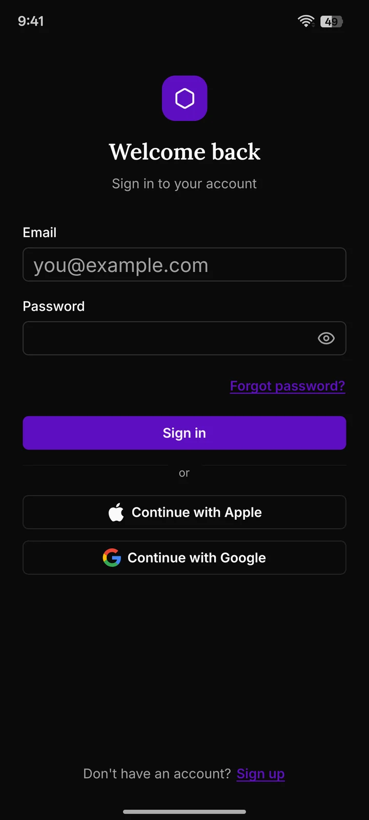 The sign-in-01 Block running: a Welcome back heading, email and password fields, a Forgot password link, a violet Sign in Button, and Continue with Apple and Google.