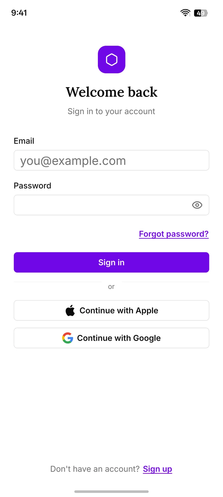 The sign-in-01 Block running: a Welcome back heading, email and password fields, a Forgot password link, a violet Sign in Button, and Continue with Apple and Google.