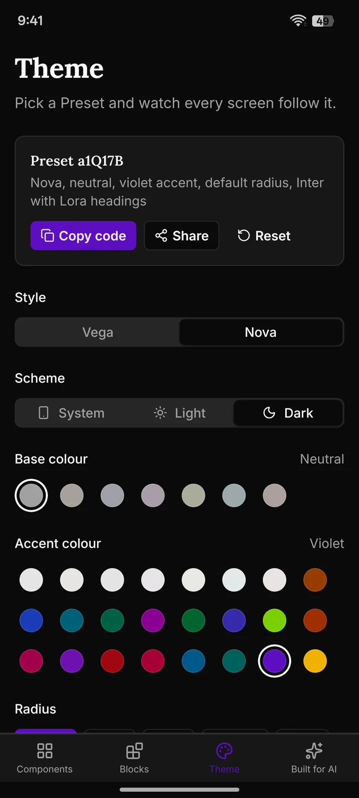The Theme tab with Preset a1Q17B (Nova, neutral, violet accent, Lora headings): Copy code and Share Buttons, then the Style, Scheme, Base colour and Accent colour pickers.