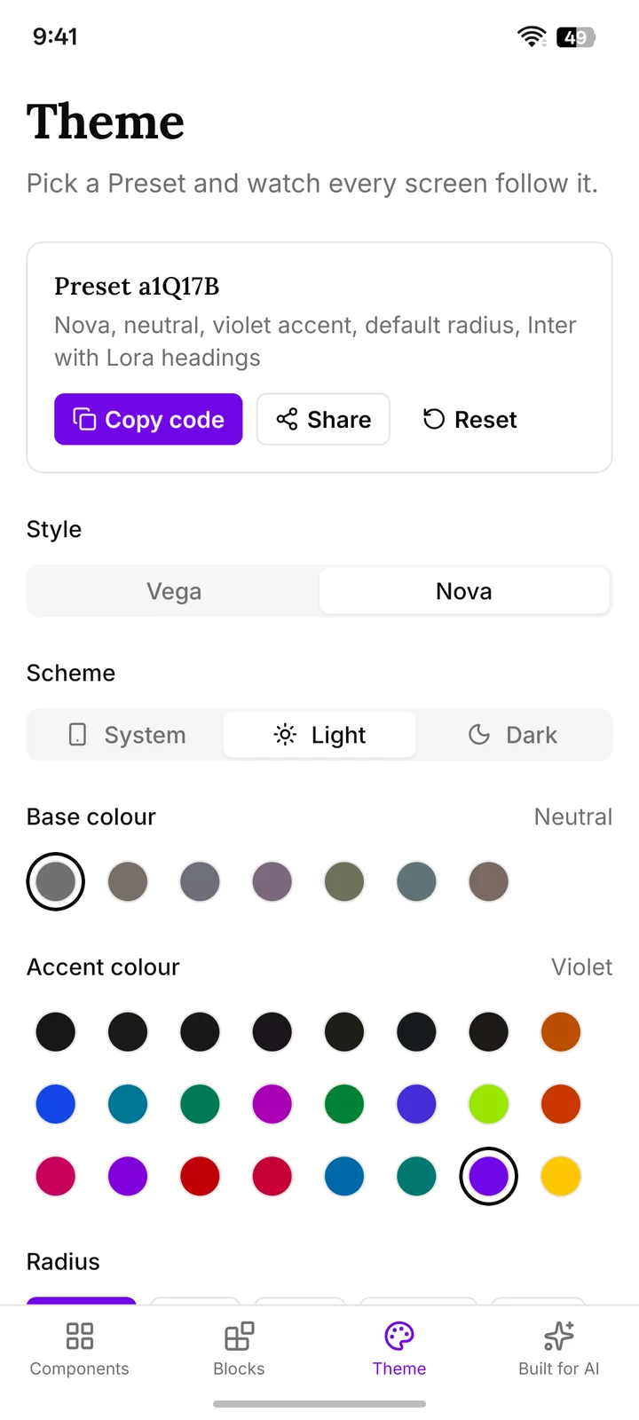 The Theme tab with Preset a1Q17B (Nova, neutral, violet accent, Lora headings): Copy code and Share Buttons, then the Style, Scheme, Base colour and Accent colour pickers.