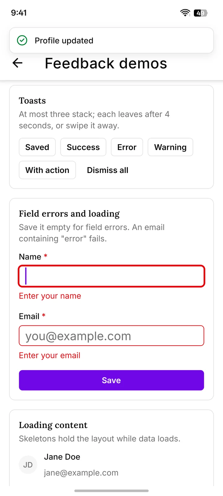 The Feedback demos: a Profile updated success Toast at the top, the Toast Buttons, and a form whose empty Name and Email fields show red validation errors.