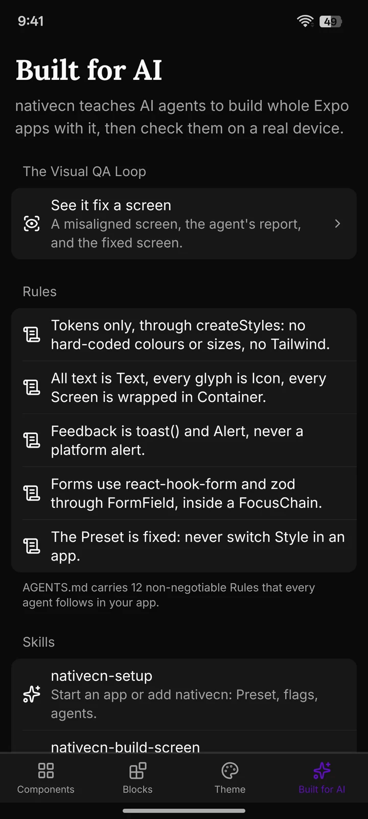 The Built for AI tab: the Visual QA Loop, then the Rules every agent follows, such as Tokens only through createStyles and Feedback is toast() and Alert.