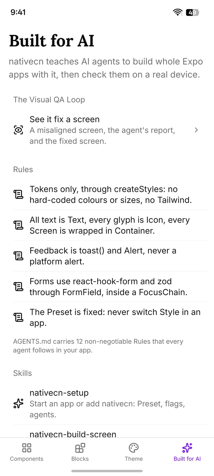The Built for AI tab: the Visual QA Loop, then the Rules every agent follows, such as Tokens only through createStyles and Feedback is toast() and Alert.